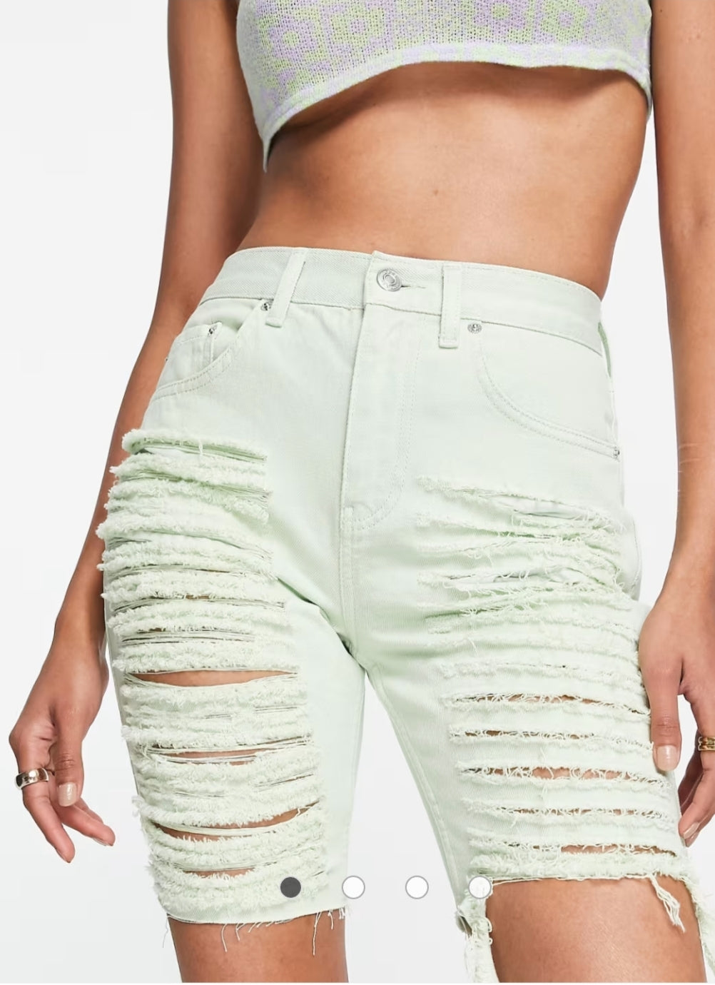 Mint Green Extreme Ripped Longline Denim Shorts - close up distress detail
