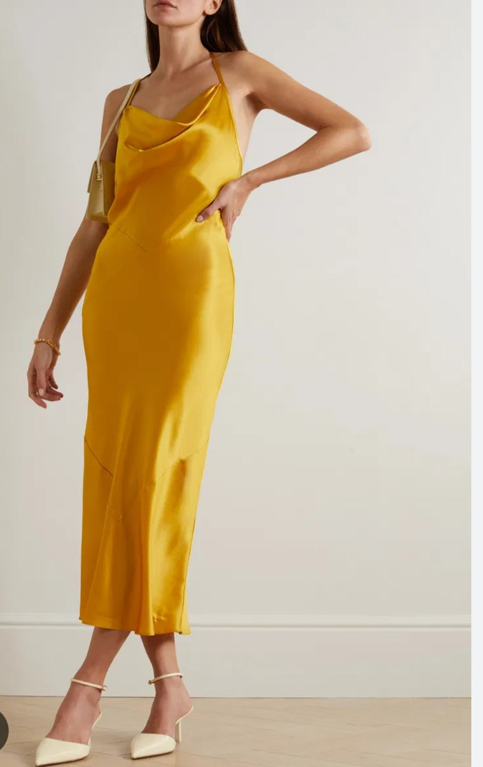 Golden Yellow Satin Cowl Neck Maxi Dress - side view showing open back and split