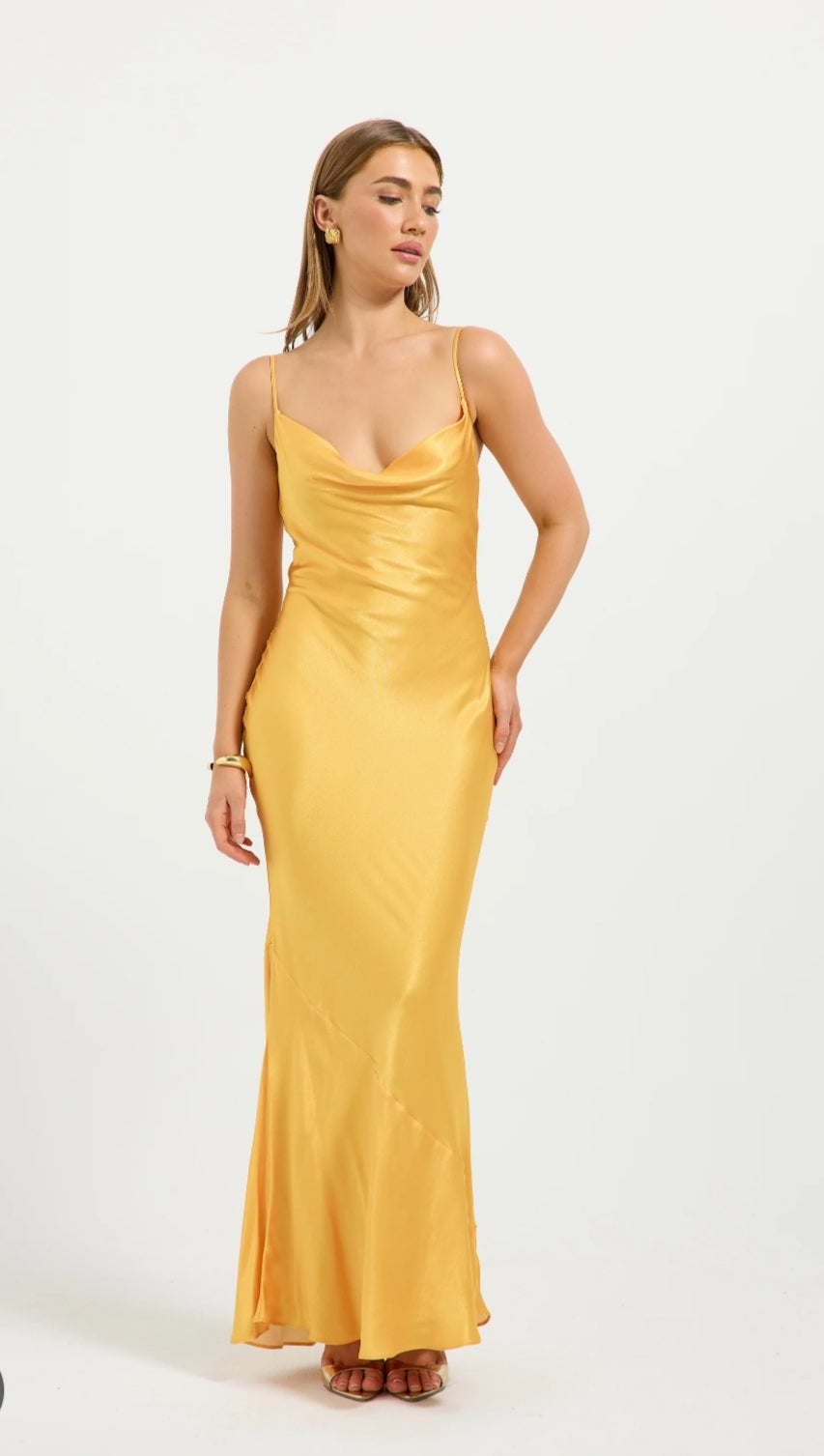 Golden Yellow Satin Cowl Neck Maxi Dress - front view full length
