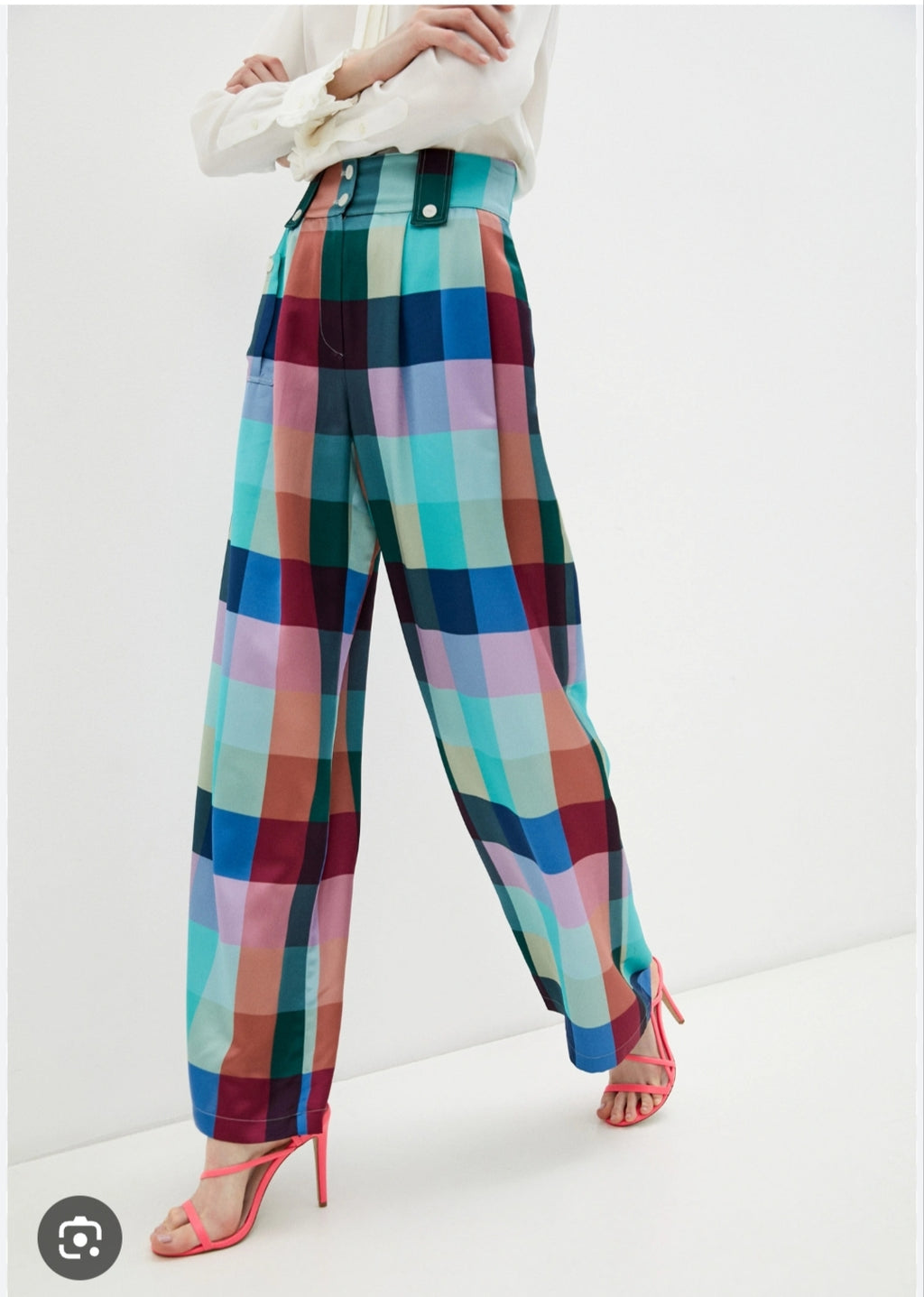 Emporio Armani Multicolour Check Wide-Leg Trousers - front three quarter view with heels