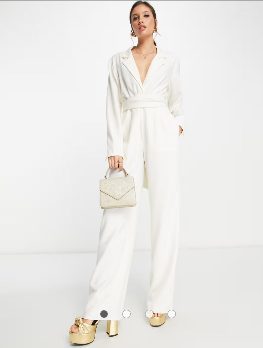 Ivory belted blazer jumpsuit - full length front view
