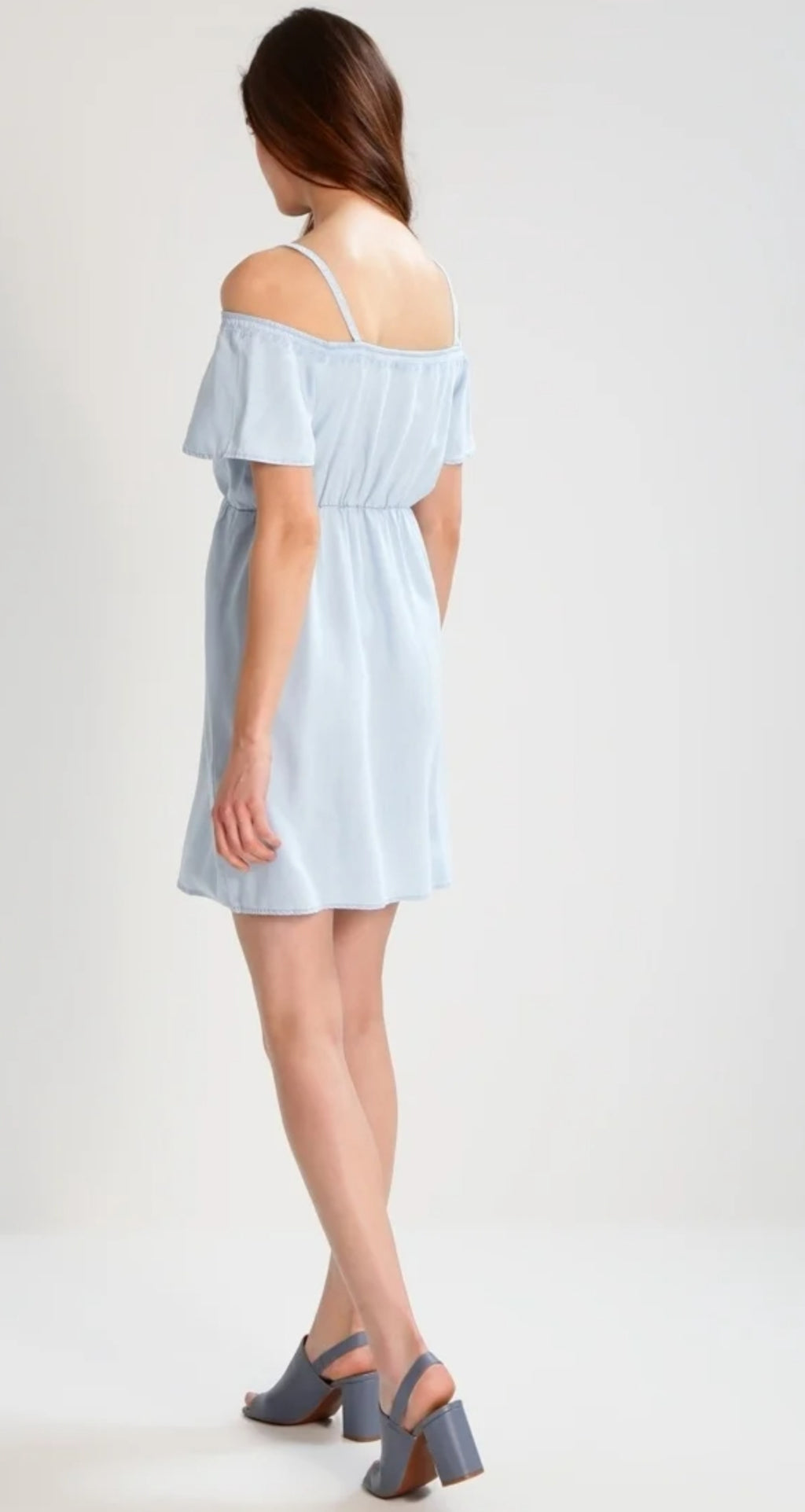 Baby Blue Cold-Shoulder Flutter Sleeve Mini Dress - back view on model