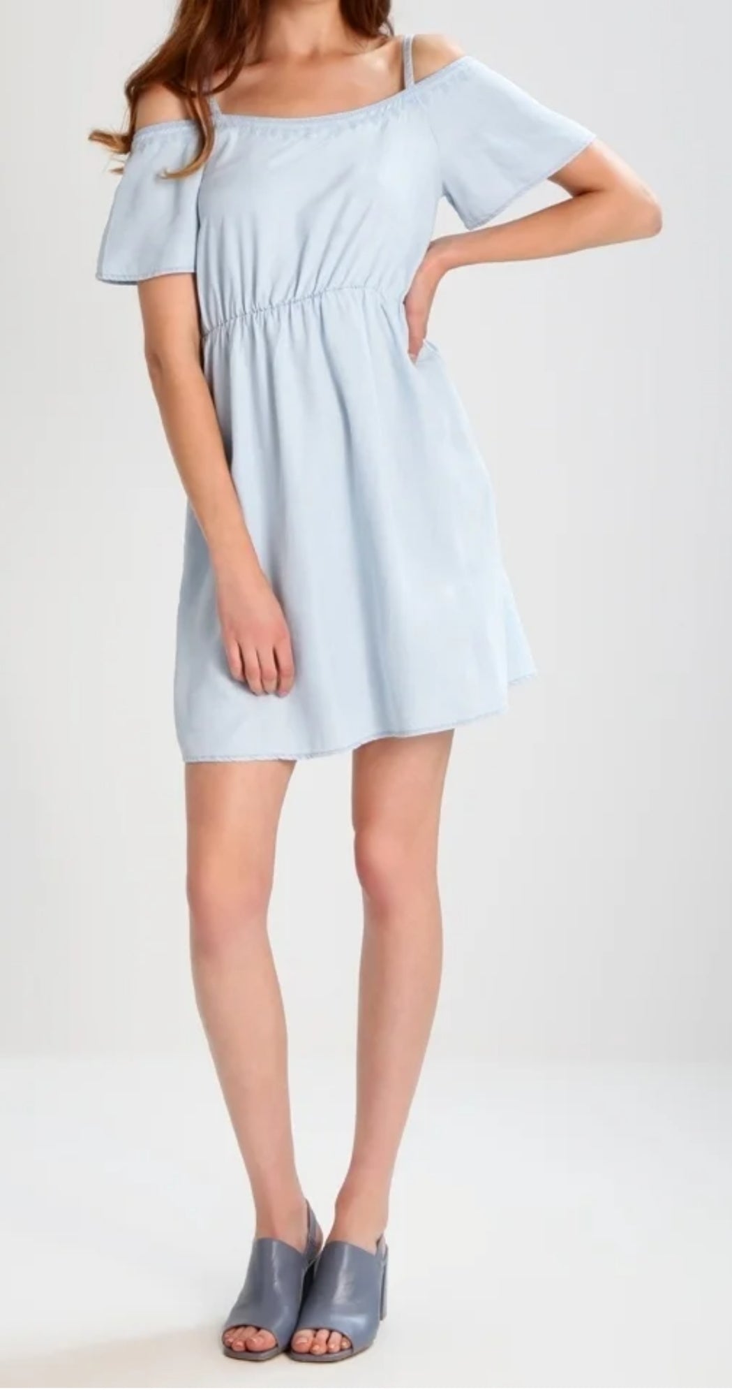 Baby Blue Cold-Shoulder Flutter Sleeve Mini Dress - front view on model