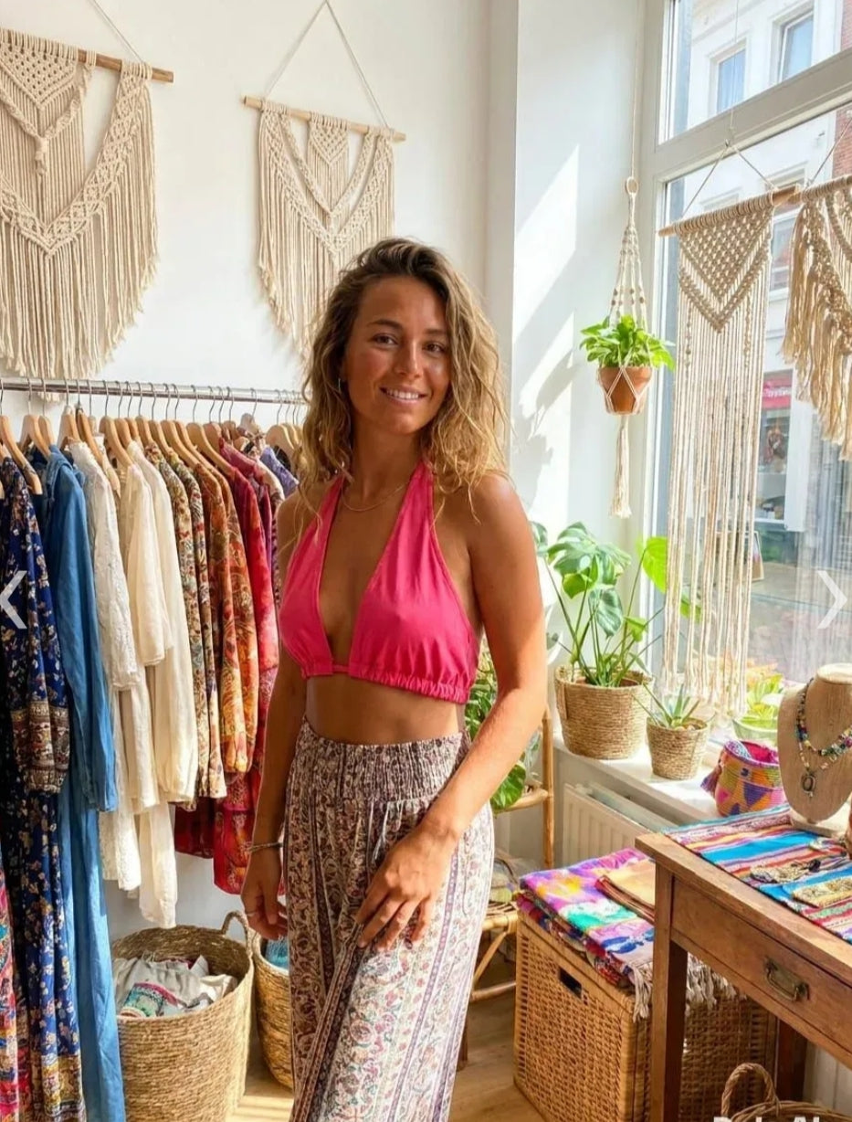 Hot pink halter neck crop top - boho style with flowy trousers