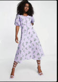 Lavender floral midi dress front view