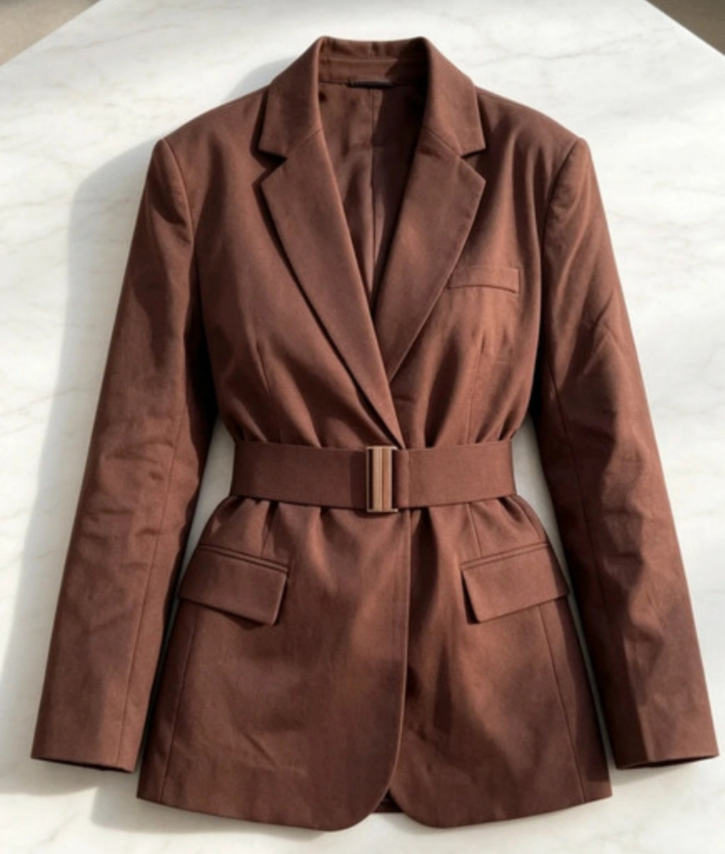 Brown belted blazer flat lay product shot
