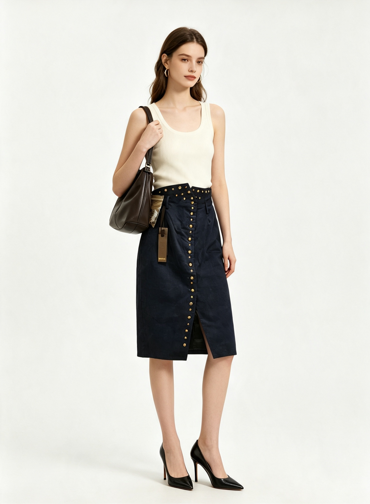 Navy Blue Gold Studded Midi Skirt - cream tank top styling