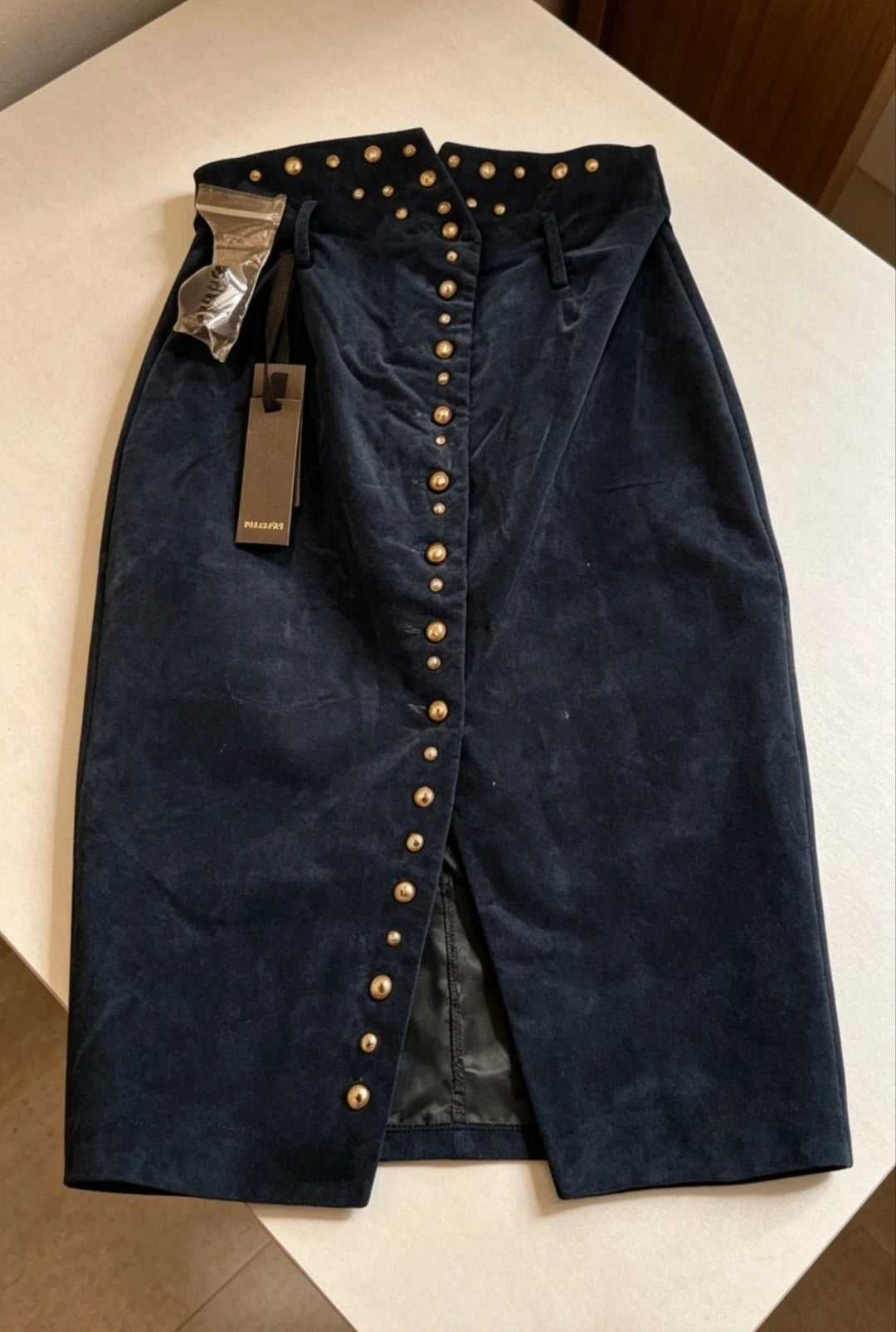 Navy Blue Gold Studded Button-Front Midi Skirt