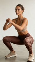 Brown paisley leggings - squat pose