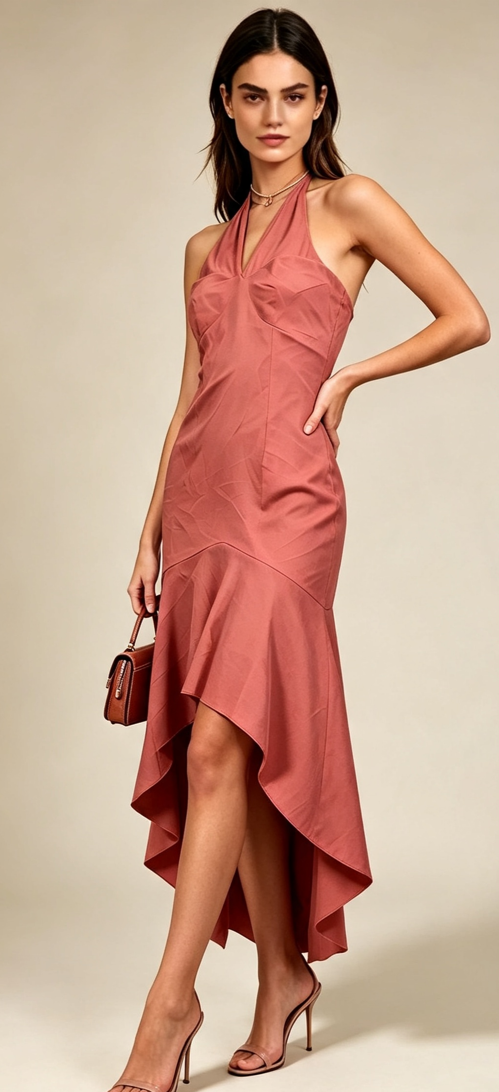 Terracotta satin halterneck dress - studio shot
