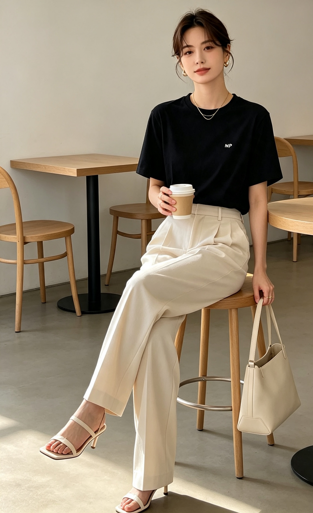 MP black logo tee - cafe sitting look