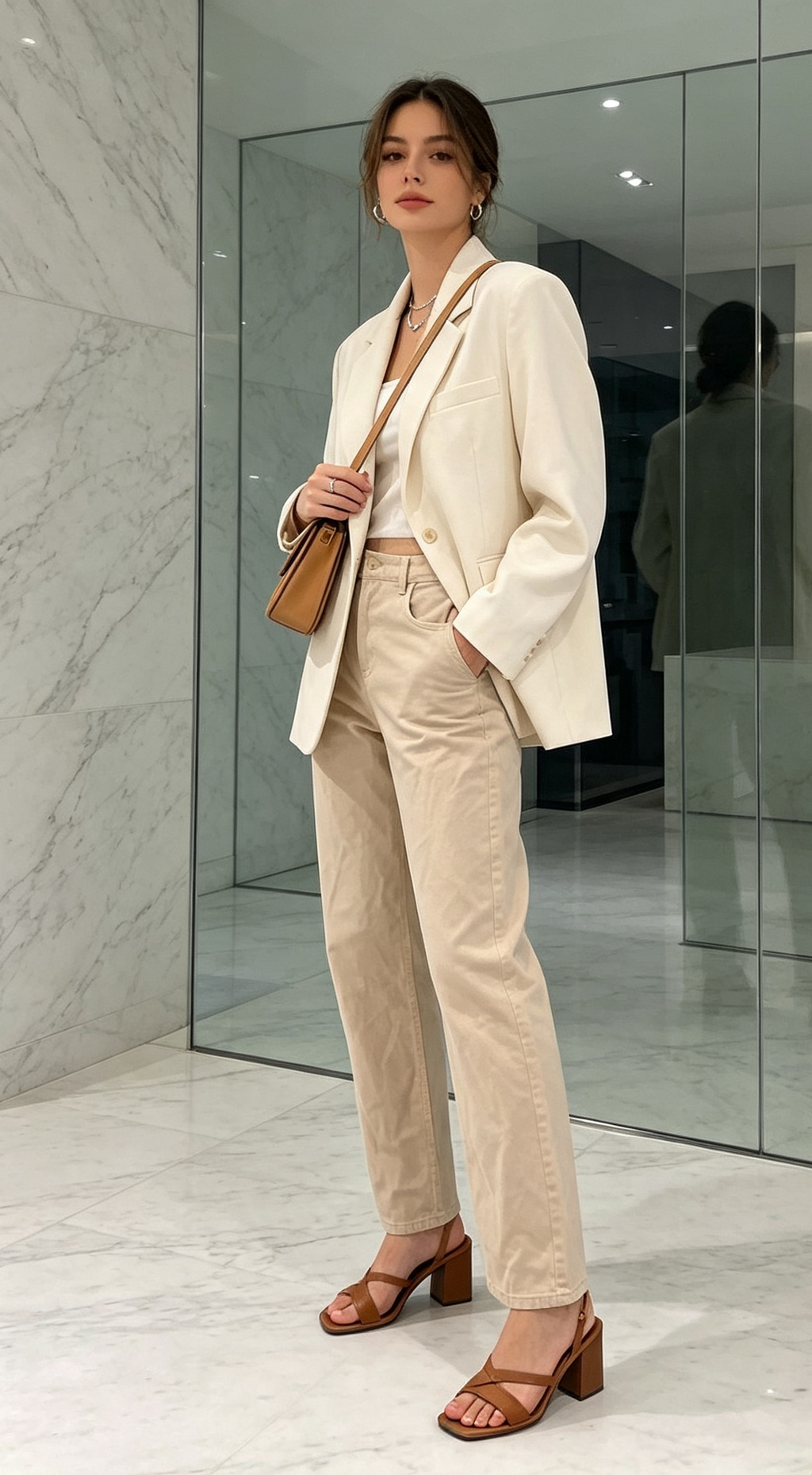 Beige wide-leg trousers - styled with cream blazer