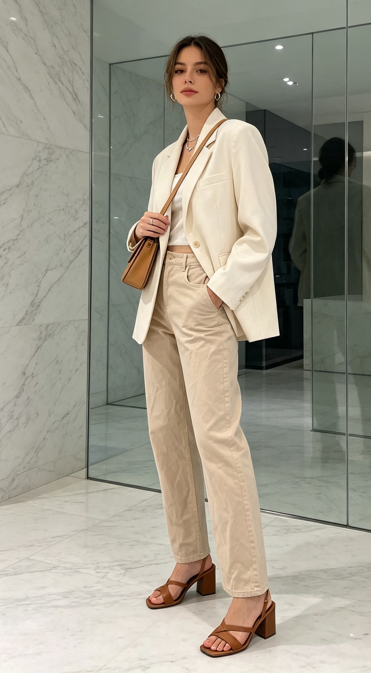 Beige wide-leg trousers - styled with cream blazer