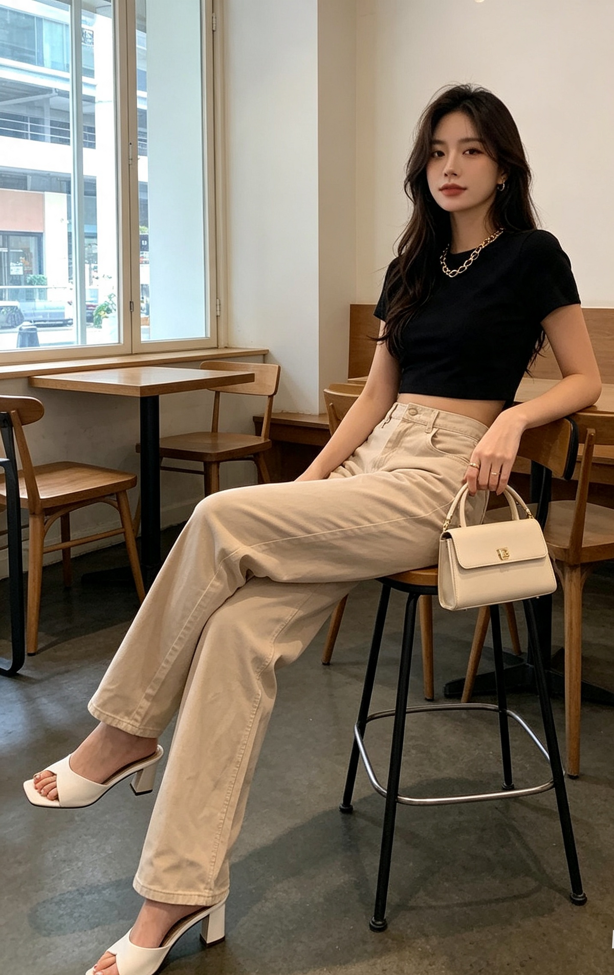 Beige wide-leg trousers - cafe sitting with black crop top