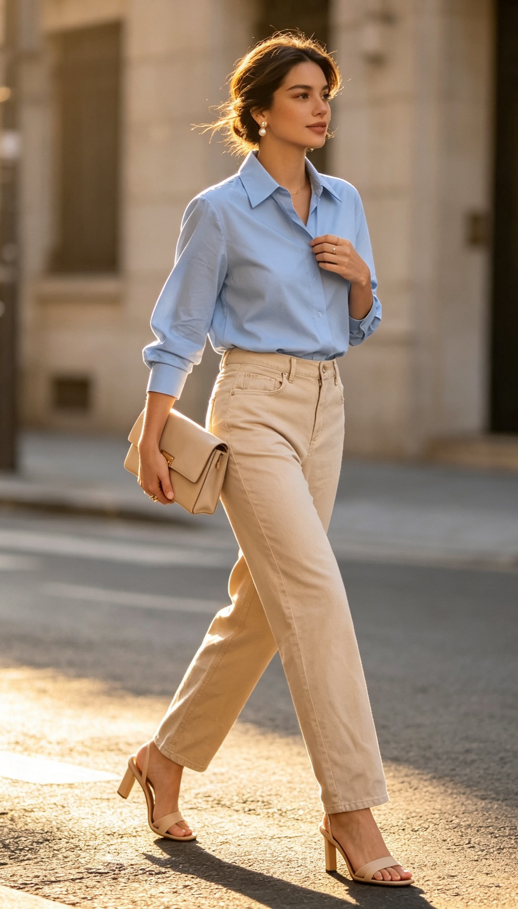 Beige wide-leg trousers - street style with blue shirt