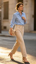 Beige wide-leg trousers - street style with blue shirt