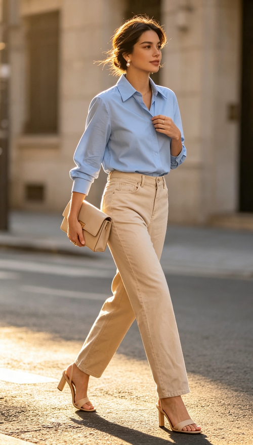 Beige wide-leg trousers - street style with blue shirt