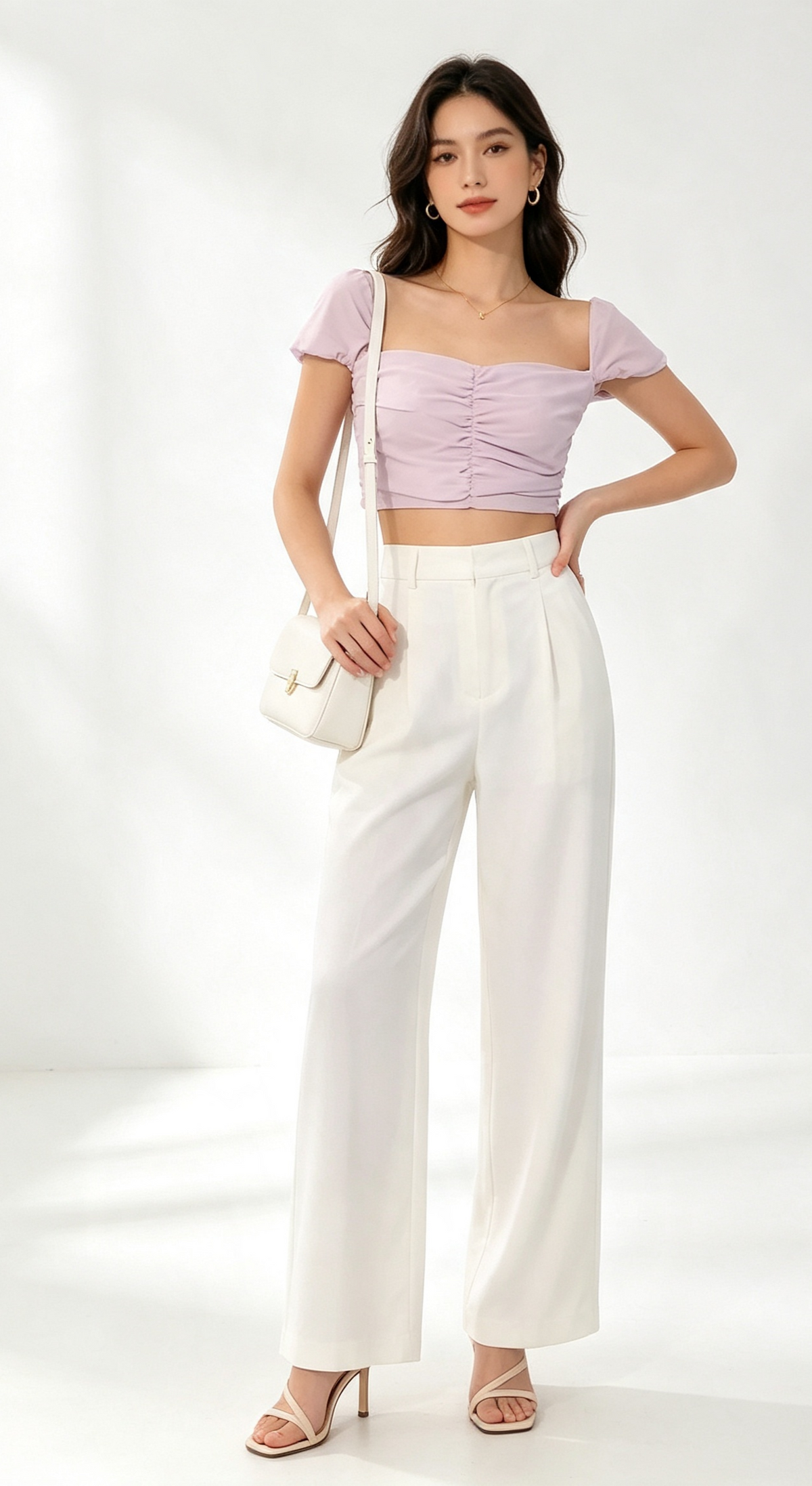 Lilac ruched crop top - studio shot with white wide-leg trousers
