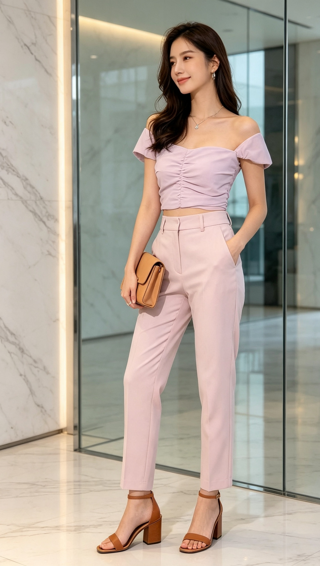 Lilac ruched crop top - marble backdrop with pink trousers