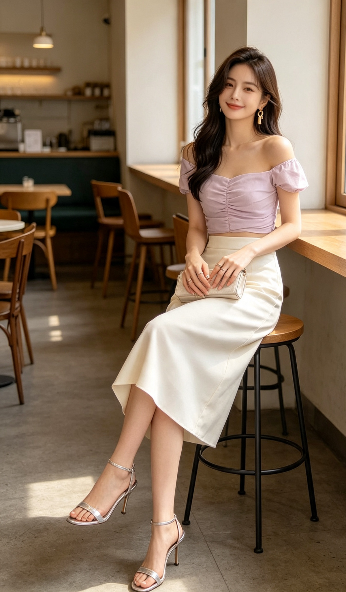 Lilac ruched crop top - cafe sitting with midi skirt