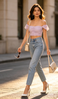 Lilac ruched crop top - street style with jeans