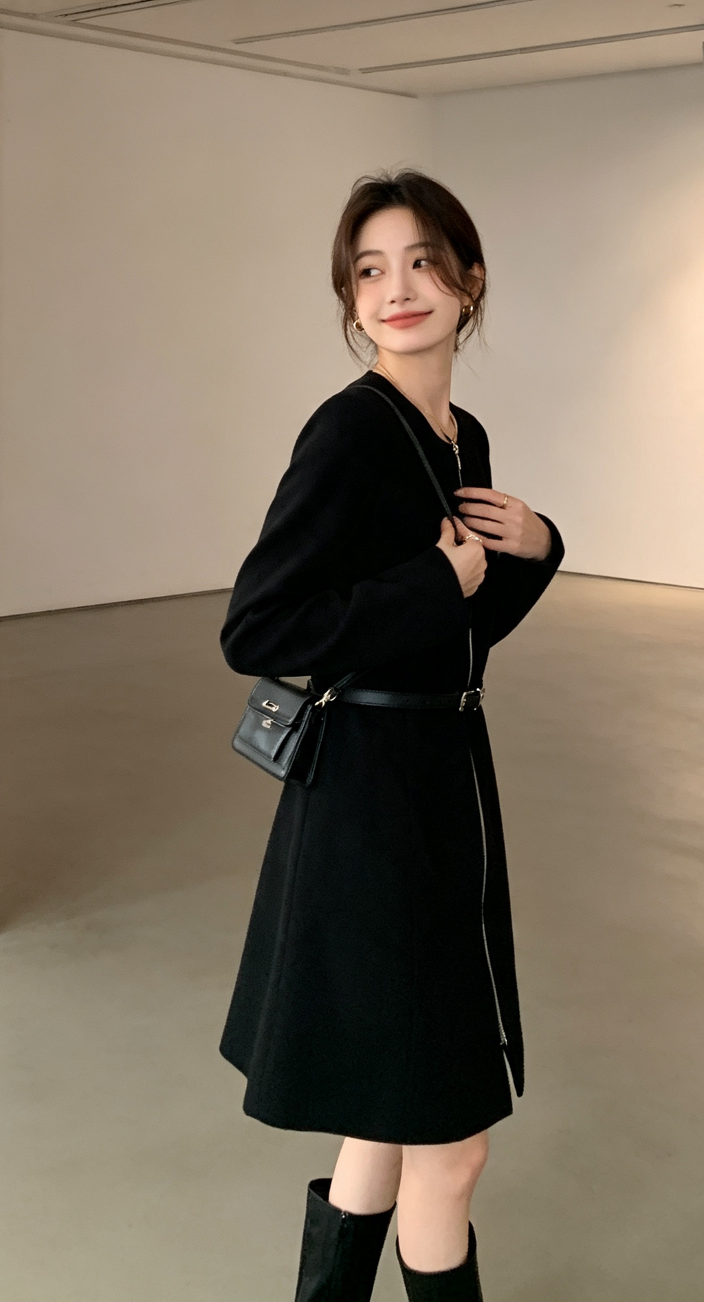 Black zip-front dress - indoor editorial shot with knee-high boots
