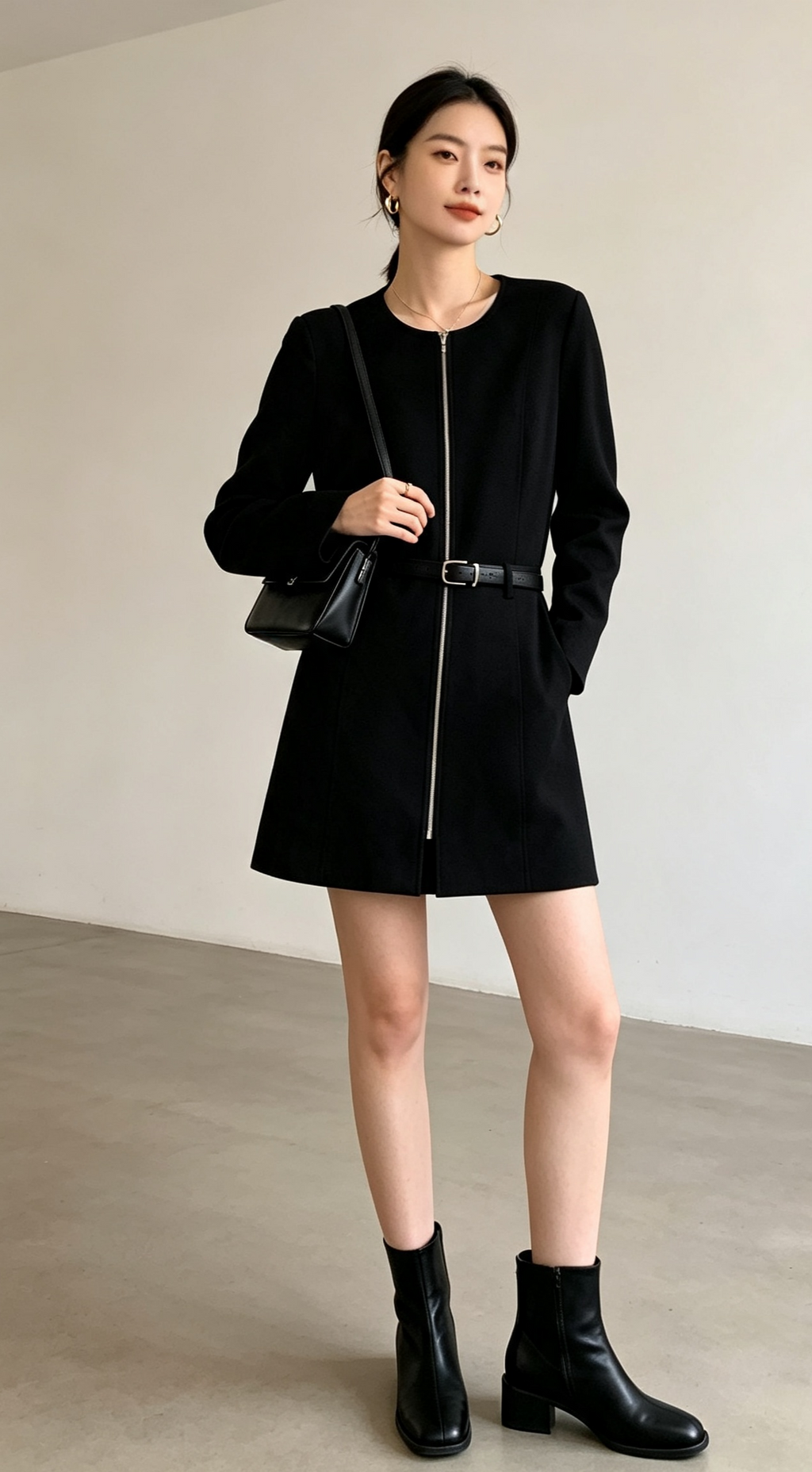 Black zip-front dress - minimal studio with black ankle boots