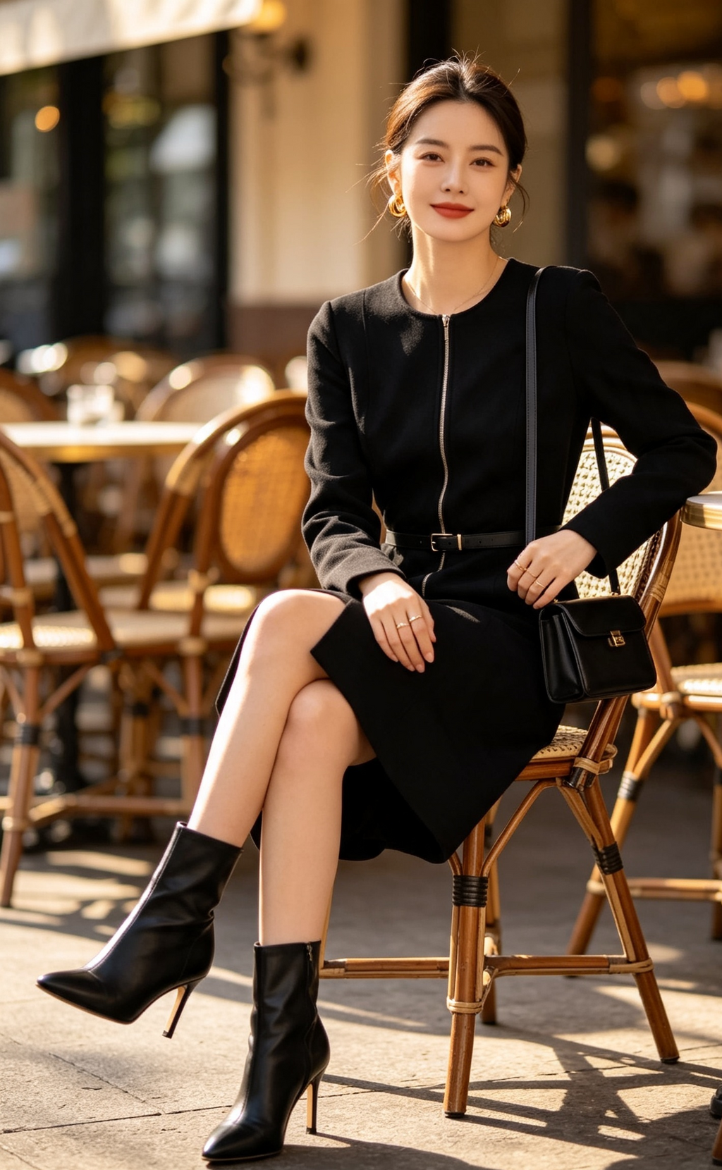 Black zip-front dress - Parisian cafe with ankle boots