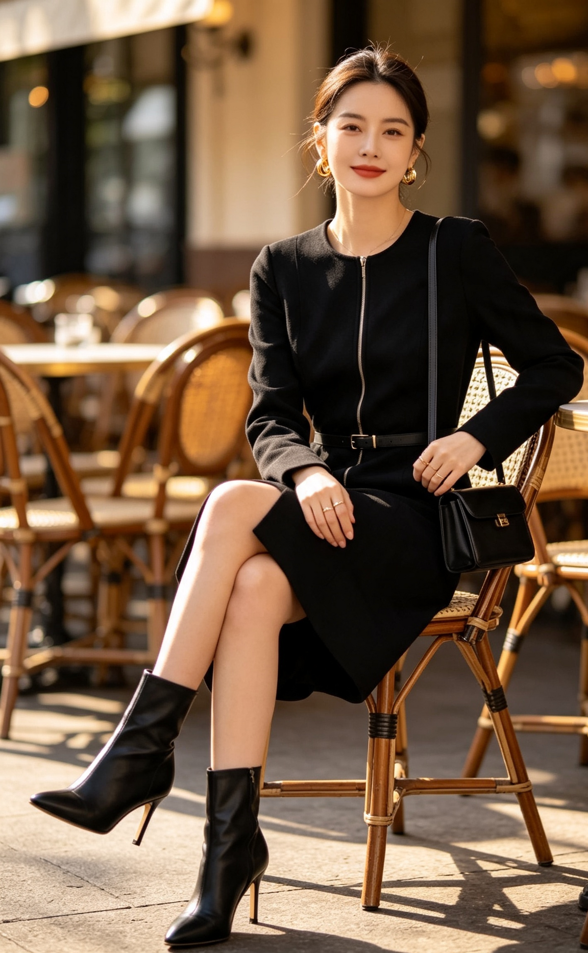 Black zip-front dress - Parisian cafe with ankle boots