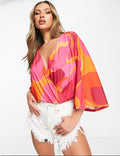 Pink & Orange Abstract Print Kimono Sleeve Bodysuit