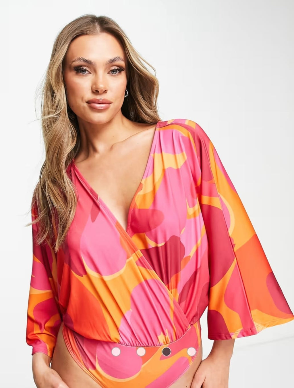 Pink & Orange Abstract Print Kimono Sleeve Bodysuit
