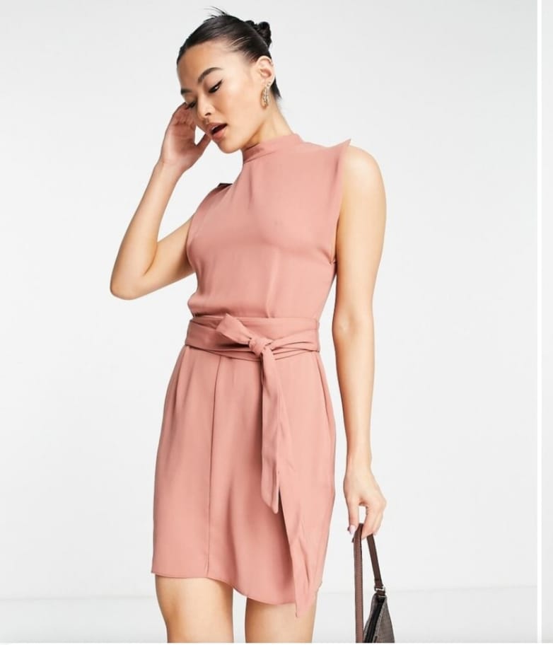 Dusty pink belted mini dress - side view