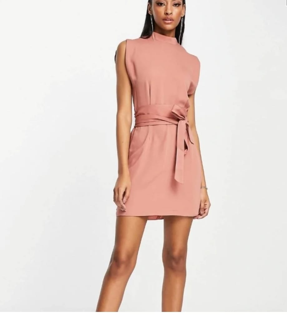 Dusty pink belted mini dress - front view