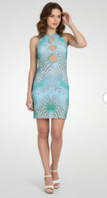 Teal Blue Abstract Cut-Out Mini Dress - model with white wedge sandals studio