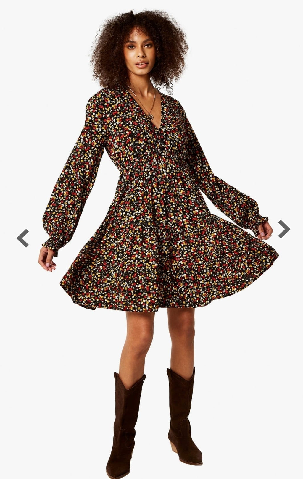 Black Ditsy Floral Smock Mini Dress - model with cowboy boots studio shot