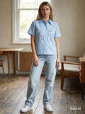 Baby Blue Rhinestone Daisy Shirt - model with wide-leg jeans and white trainers