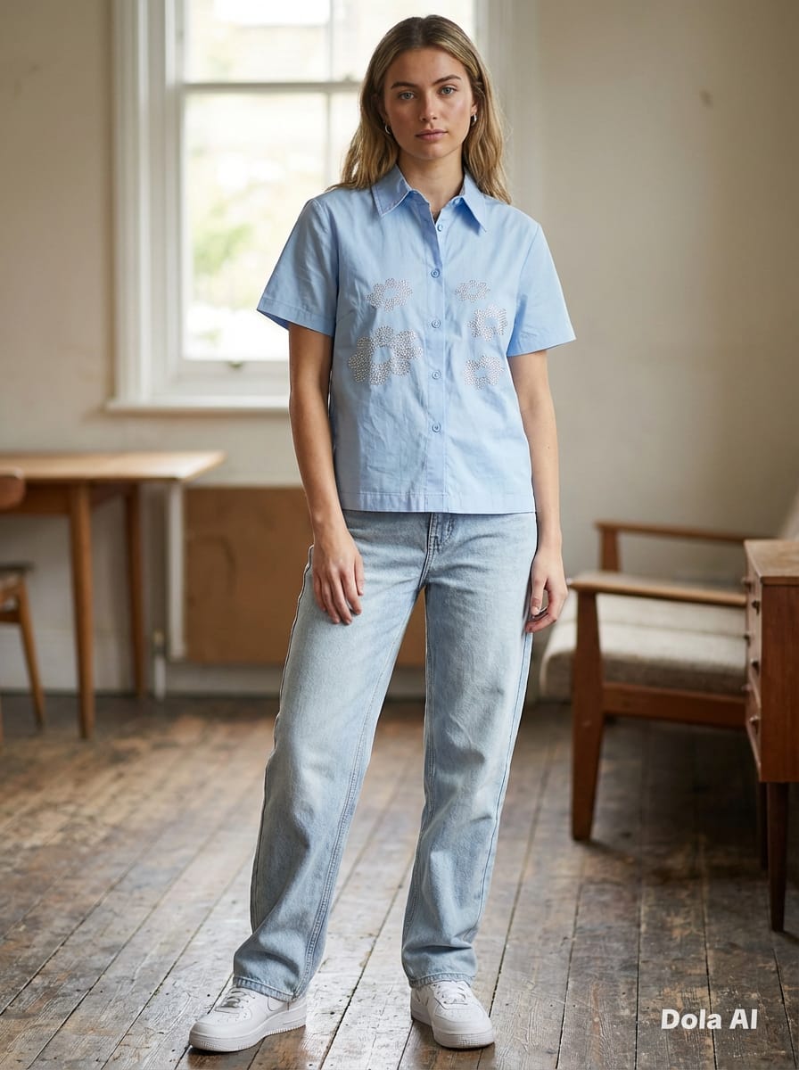 Baby Blue Rhinestone Daisy Shirt - model with wide-leg jeans and white trainers
