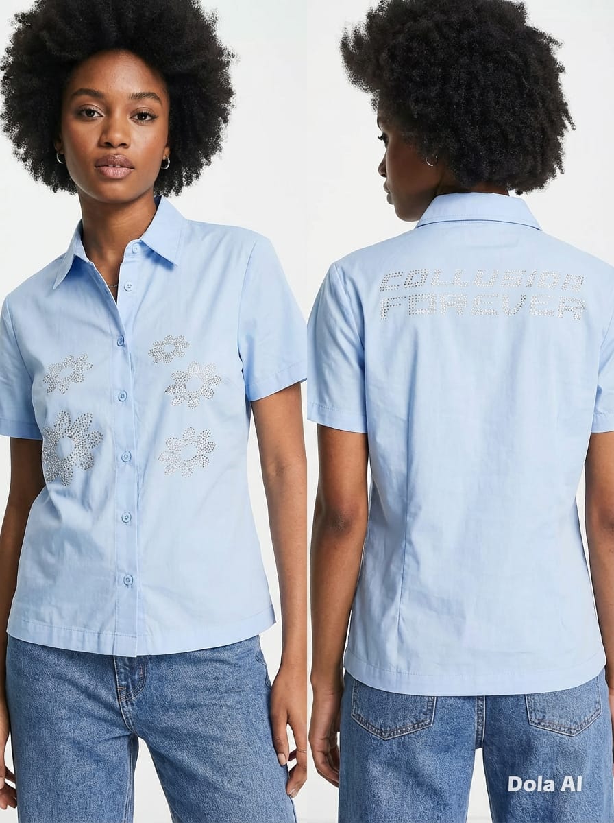 Baby Blue Rhinestone Daisy Shirt - front and back view showing rhinestone details