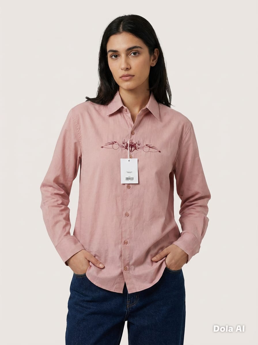 Blush Pink Embroidered Tribal Graphic Unisex Shirt - front view on model