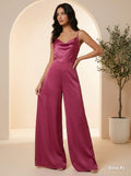 Rose Pink Satin Cowl Neck Co-Ord Set - front view full length