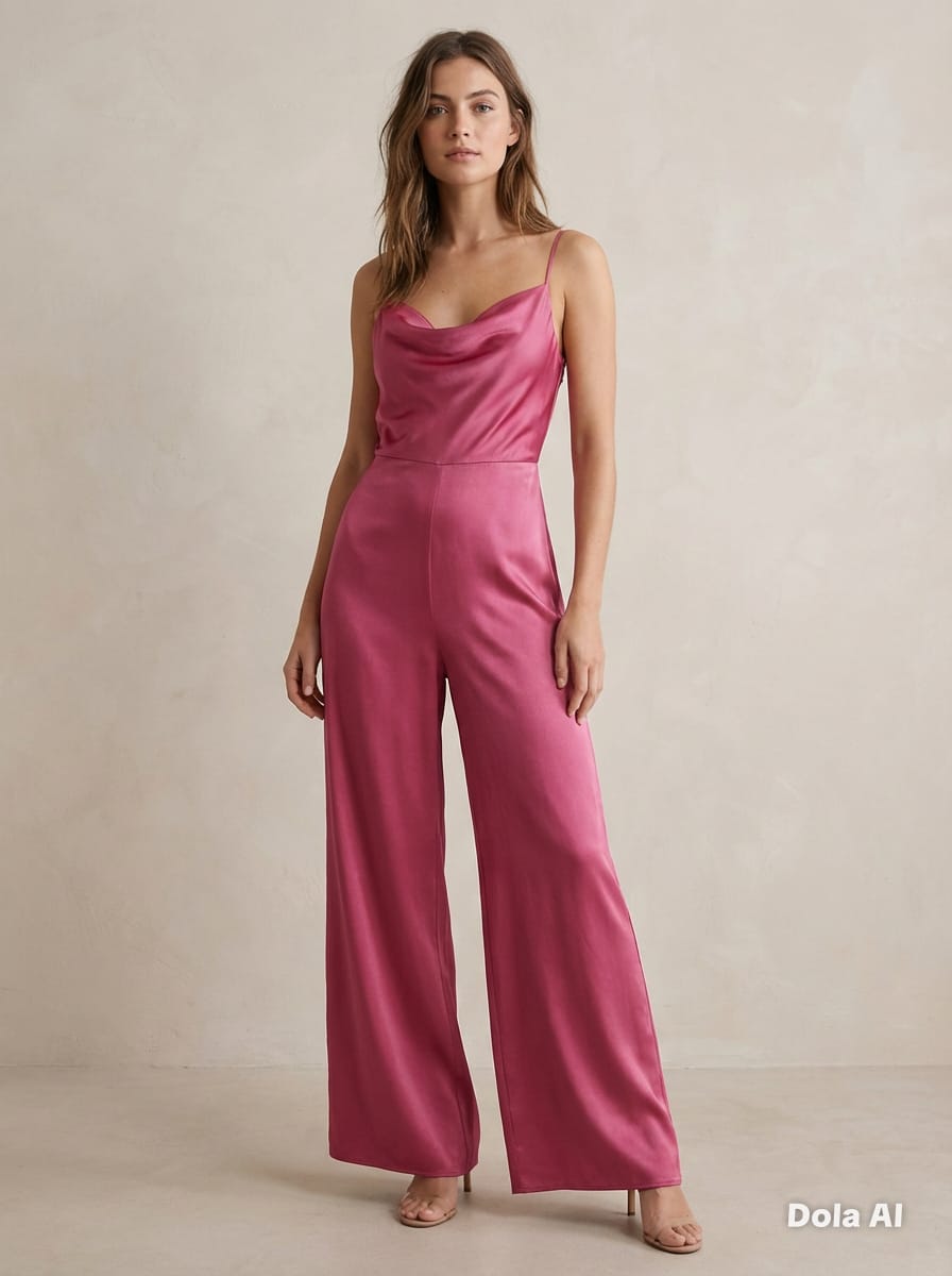 Rose Pink Satin Cowl Neck Co-Ord Set - three quarter view