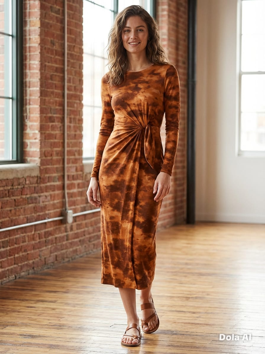 Rust Tie-Dye Twist-Front Open-Back Midi Dress - lifestyle shot in loft space