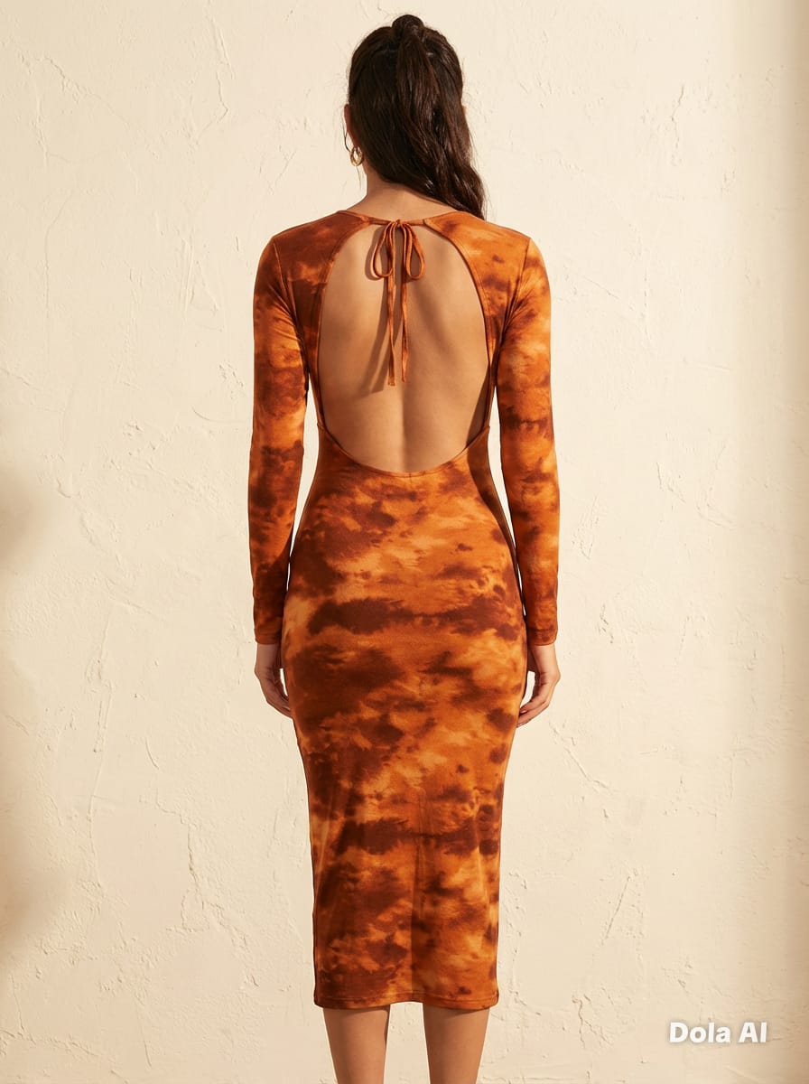 Rust Tie-Dye Twist-Front Open-Back Midi Dress - back view showing open back detail
