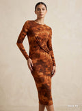 Rust Tie-Dye Twist-Front Open-Back Midi Dress - front view studio