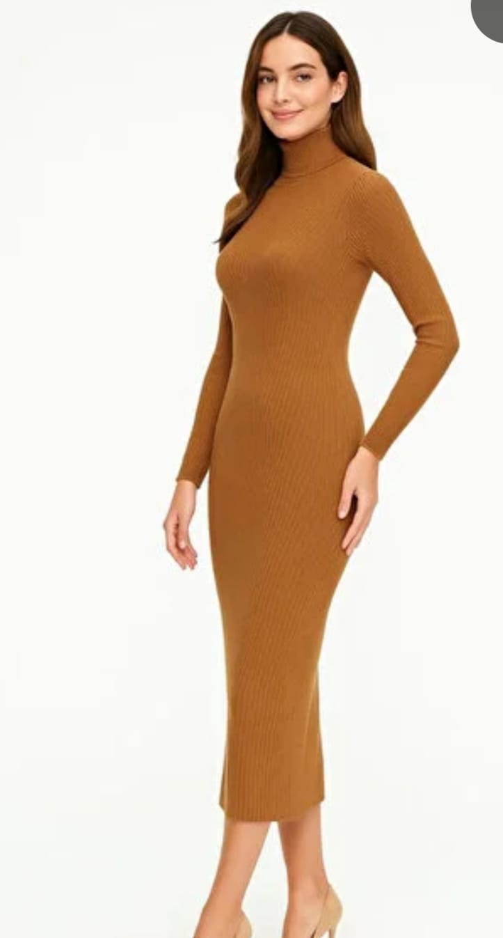 Camel Ribbed Turtleneck Midi Dress - studio front view with heels
