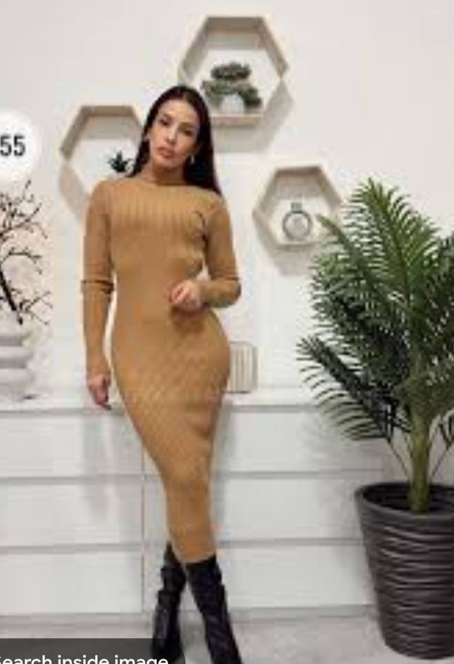 Camel Ribbed Turtleneck Midi Dress - front view styled with boots