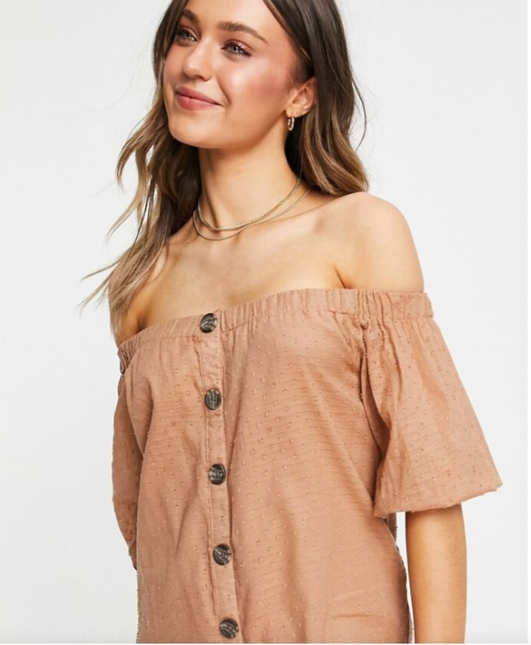 Camel Off-Shoulder Button-Front Wide-Leg Jumpsuit - neckline detail