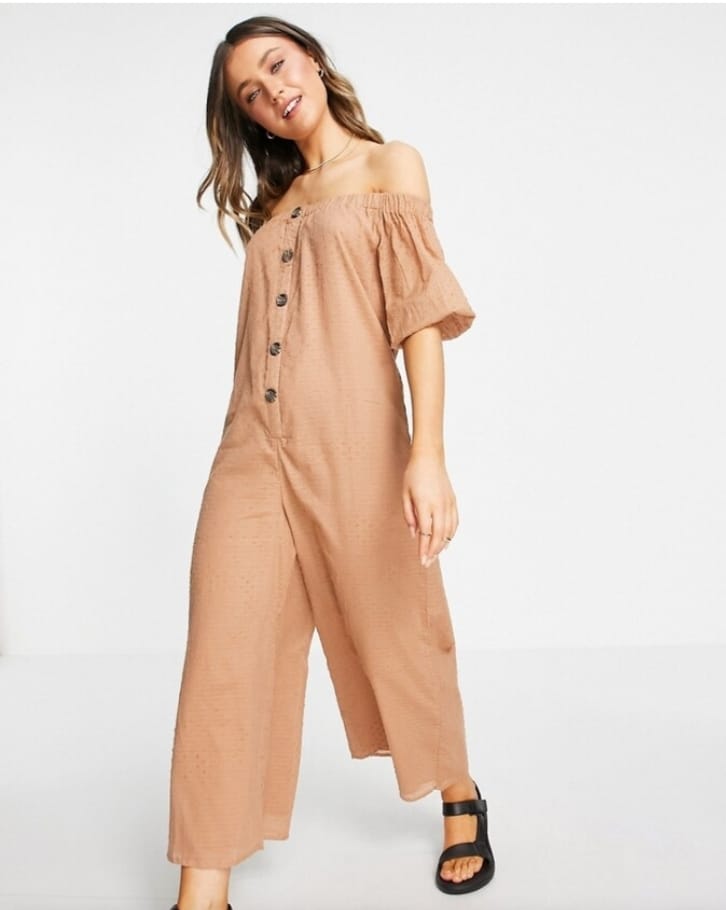 Camel Off-Shoulder Button-Front Wide-Leg Jumpsuit - front view