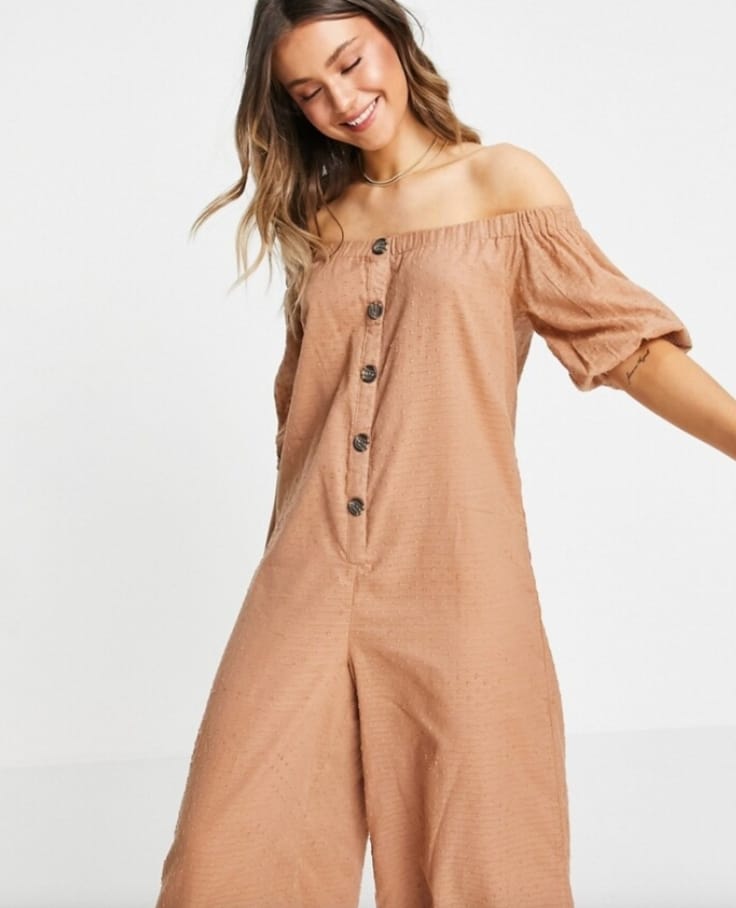 Camel Off-Shoulder Button-Front Wide-Leg Jumpsuit - three quarter view