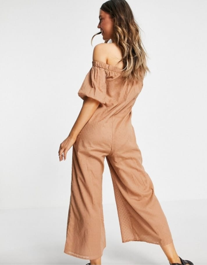 Camel Off-Shoulder Button-Front Wide-Leg Jumpsuit - back view